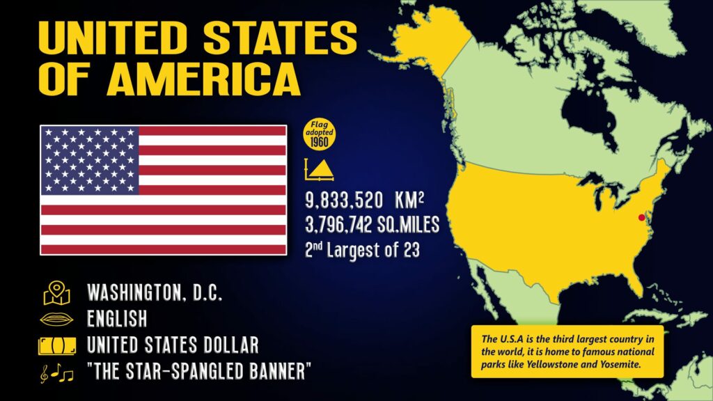 United States of America fact sheet capital city location on a map of North America